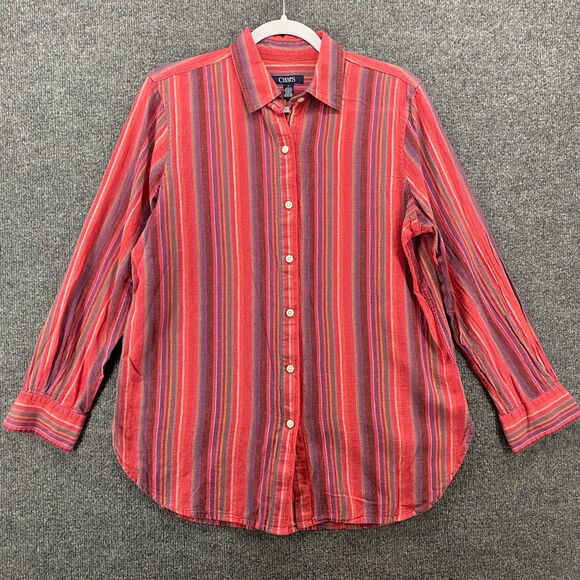 Chaps Blouse Top Womens M Pink Striped Linen Cotton Button Up Lagenlook Coastal - Picture 1 of 9